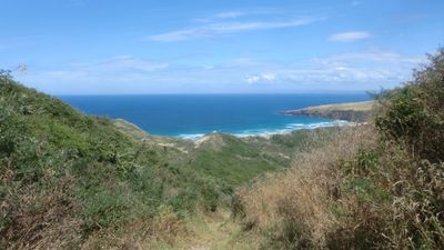 Photo - clear blue sky, low clouds in the distance, blue southern Pacific ocean, dry coastal pasture along the peninsula, dunes now visible in the distance, and a long descent to the beach.