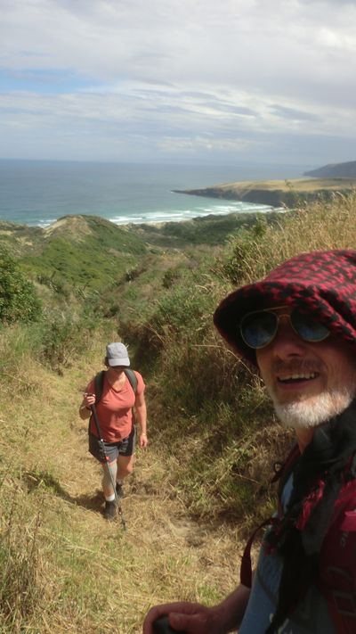 A selfie, Saira and I part way back up the trail, the coastline visible in the background.