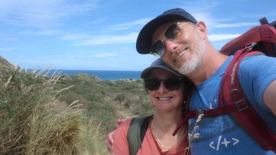 A selfie of Saira and myself with dunes in the background.