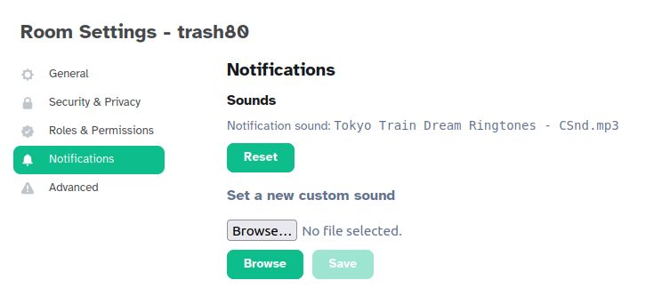Room settings > Notifications > Custom sound