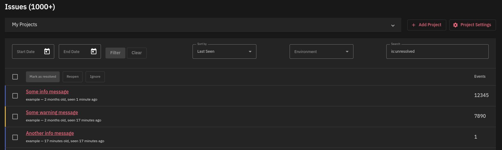 Screenshot: GlitchTip UI for filtering issues