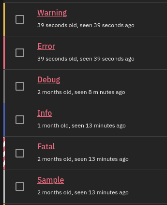 Screenshot: GlitchTip UI for different issue / event levels